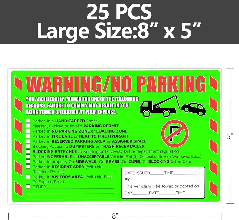 GUEER Parking Violation Stickers 25 Pcs Fluorescent Green You are Illegally Parked Multi Reasons Hard to Remove Tow Warning Private Parking Warning Sticker for Car Windows - Image 2